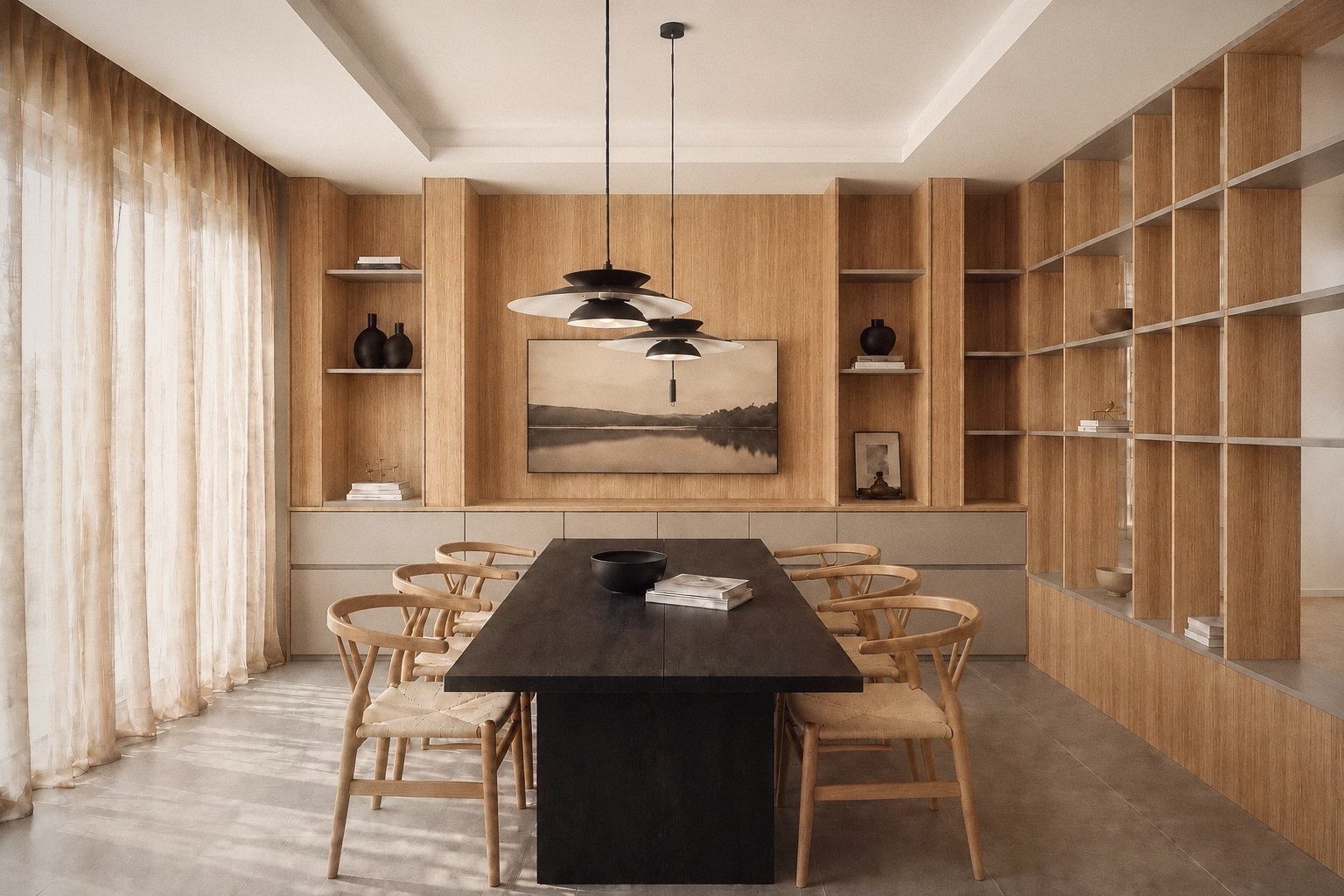 Comedor con pared y biblioteca de roble a medida